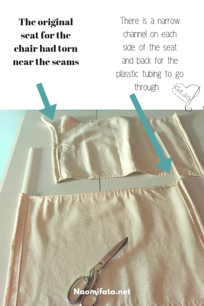 Learn how to replace the fabric on a director's chair. There are just two rectangular pieces of fabric with channels for the plastic tubing to hold in the fabric.